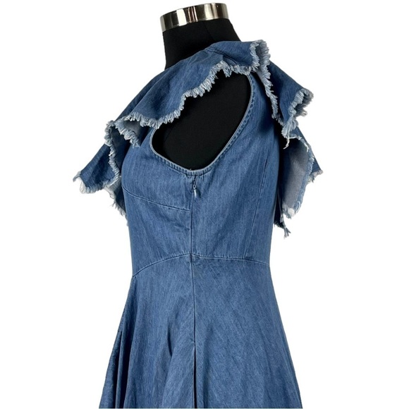 TOV HOLY DENIM ONE SHOULDER RAW HEM RUFFLE HIGH LOW MIDI DRESS - Picture 10 of 16